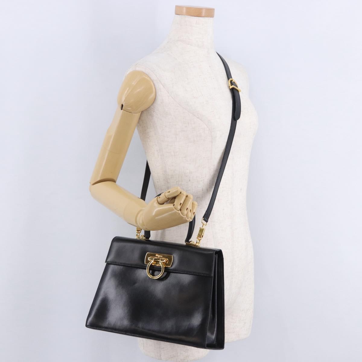 Salvatore Ferragamo Gancini Hand Bag Leather 2way Black Gold Auth 205092V