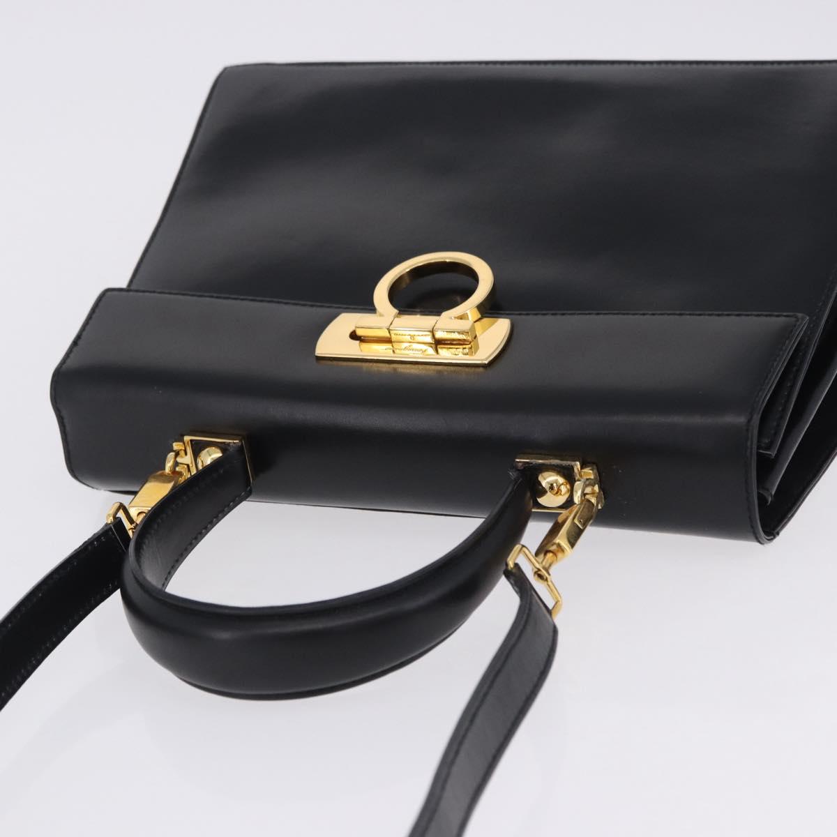 Salvatore Ferragamo Gancini Hand Bag Leather 2way Black Gold Auth 205092V