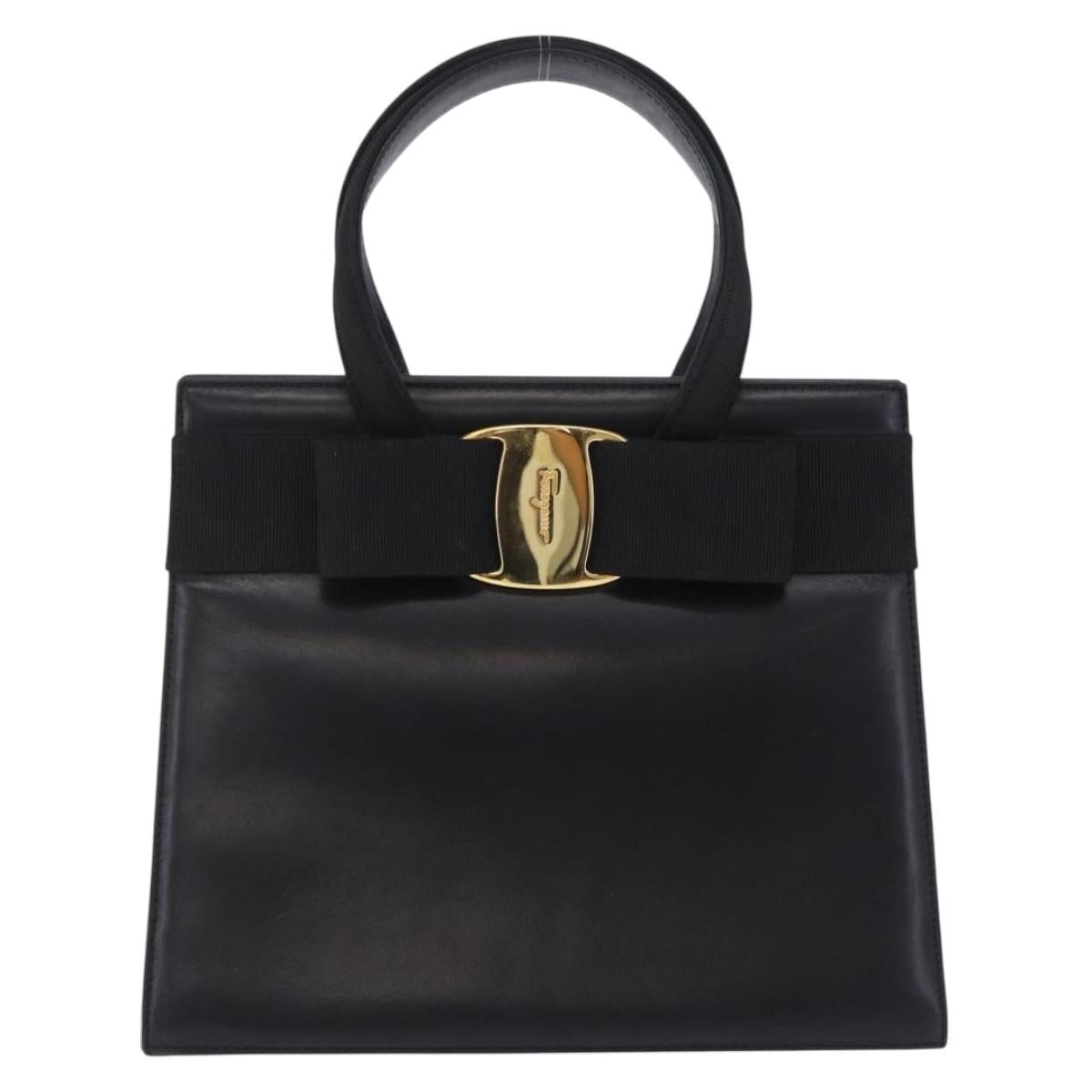 Salvatore Ferragamo Vala Hand Bag Leather Black Gold Auth 205098
