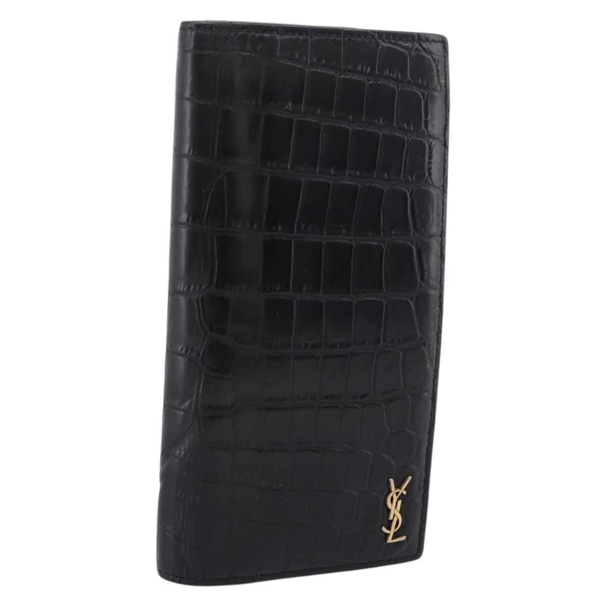 SAINT LAURENT Long Wallet Croco Embossed Black Gold Auth 205099A