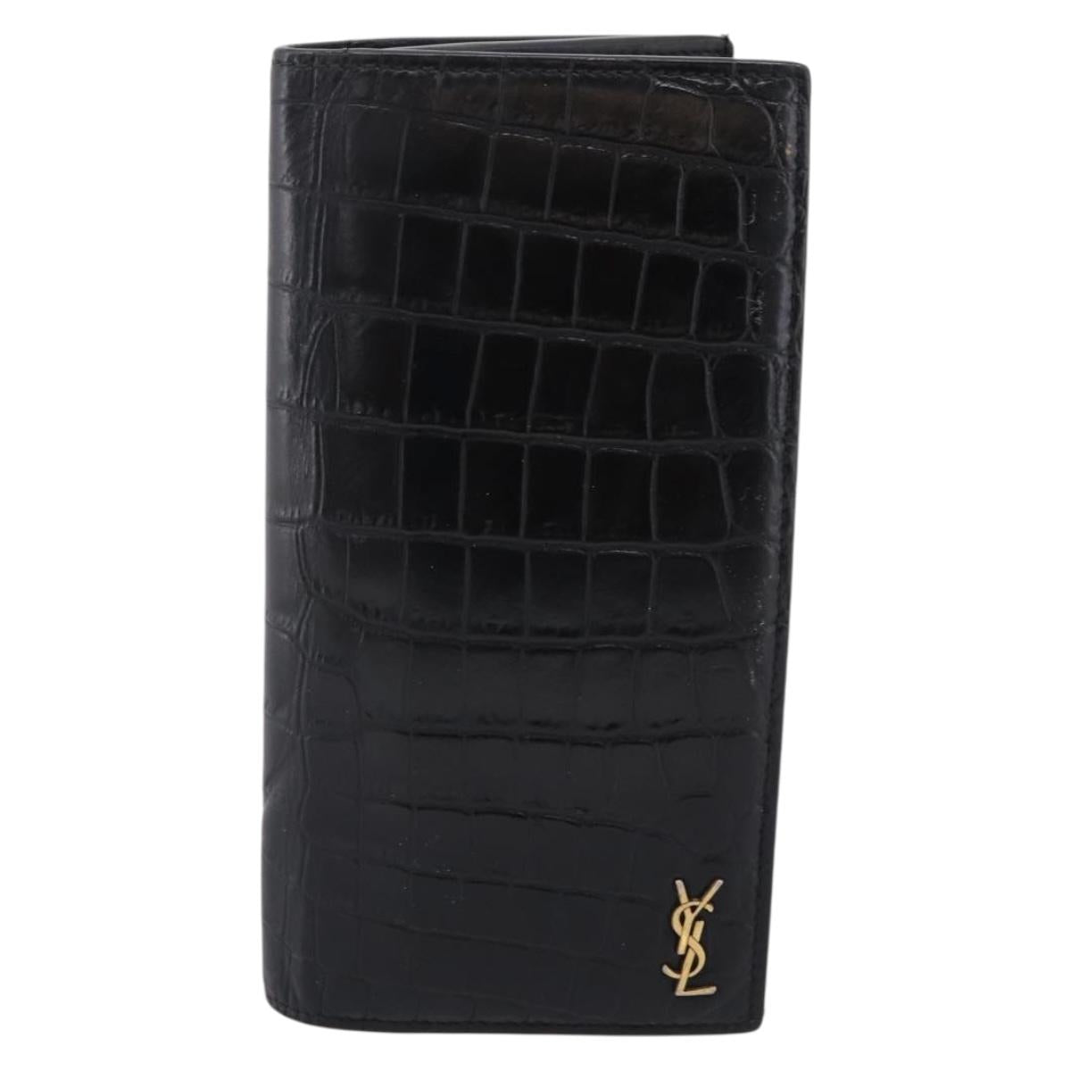 SAINT LAURENT Long Wallet Croco Embossed Black Gold Auth 205099A
