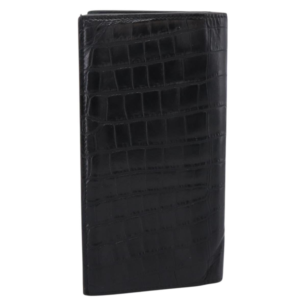 SAINT LAURENT Long Wallet Croco Embossed Black Gold Auth 205099A