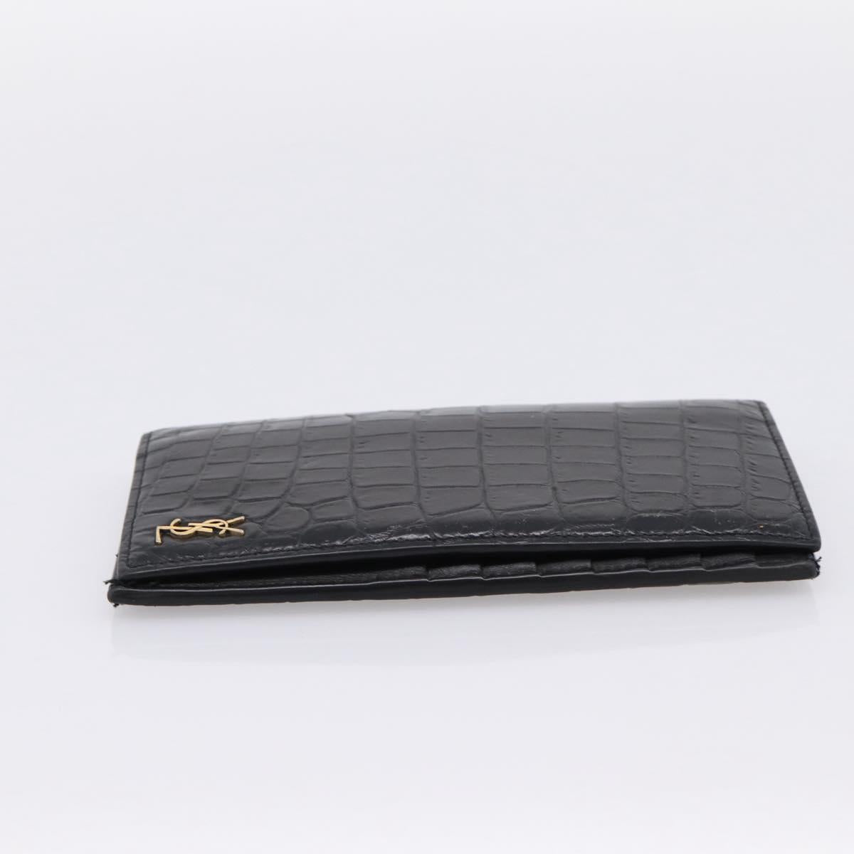 SAINT LAURENT Long Wallet Croco Embossed Black Gold Auth 205099A