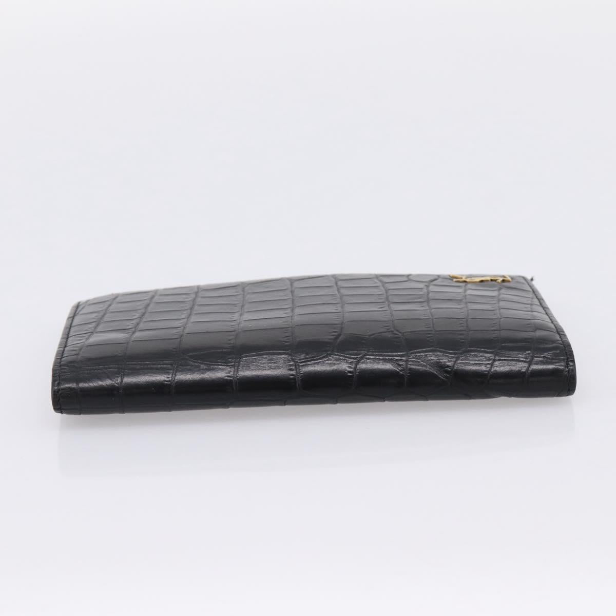 SAINT LAURENT Long Wallet Croco Embossed Black Gold Auth 205099A