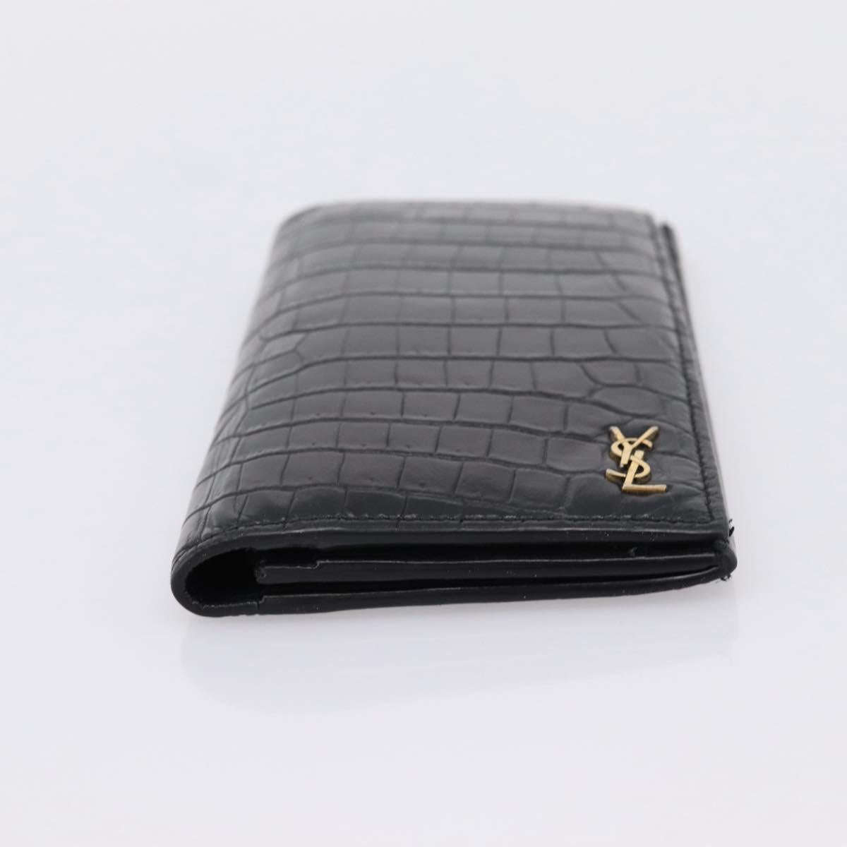 SAINT LAURENT Long Wallet Croco Embossed Black Gold Auth 205099A