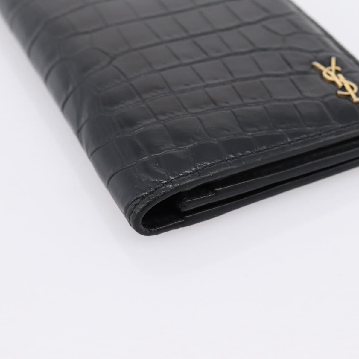 SAINT LAURENT Long Wallet Croco Embossed Black Gold Auth 205099A