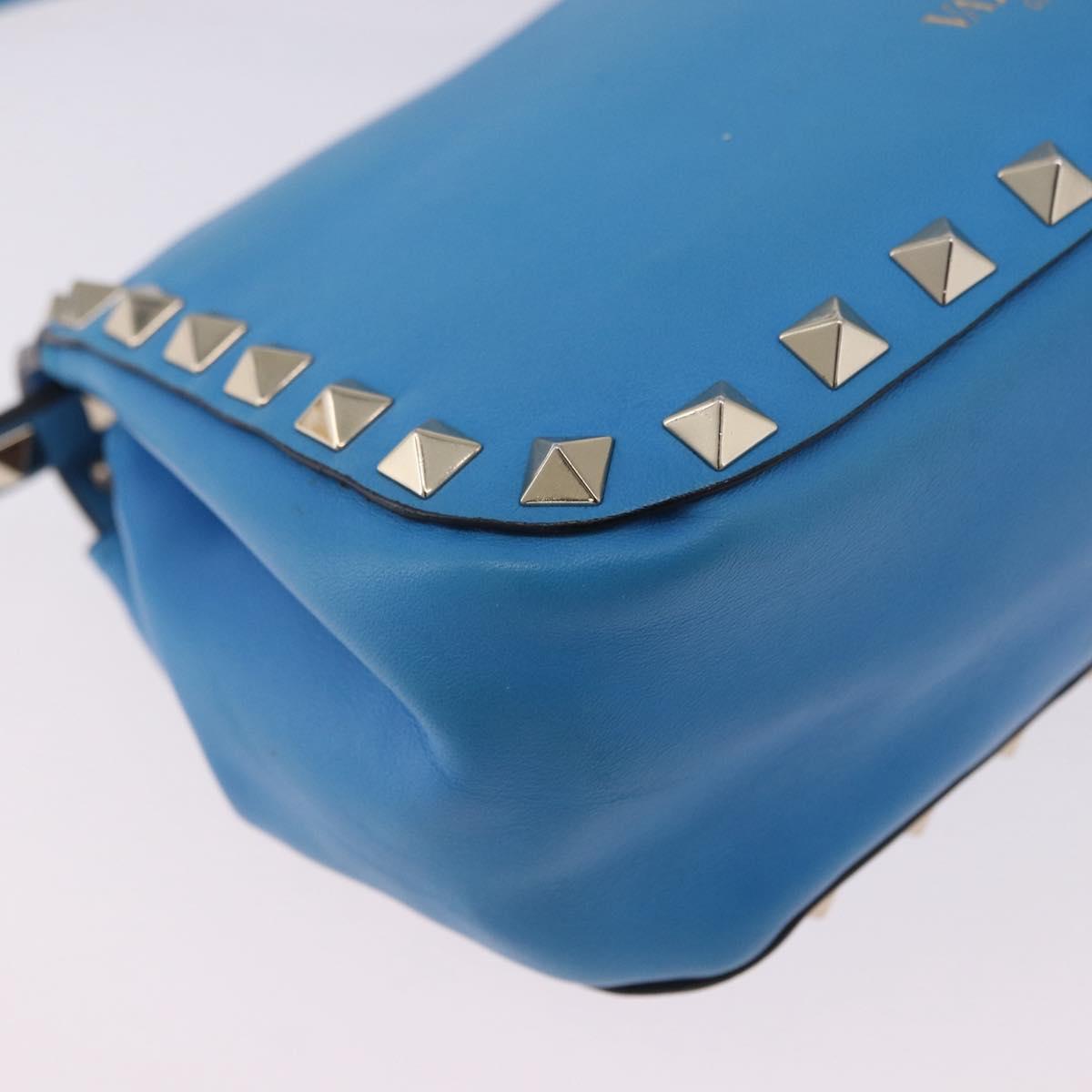 VALENTINO Studs Shoulder Bag Leather Blue Gold Auth 205104V