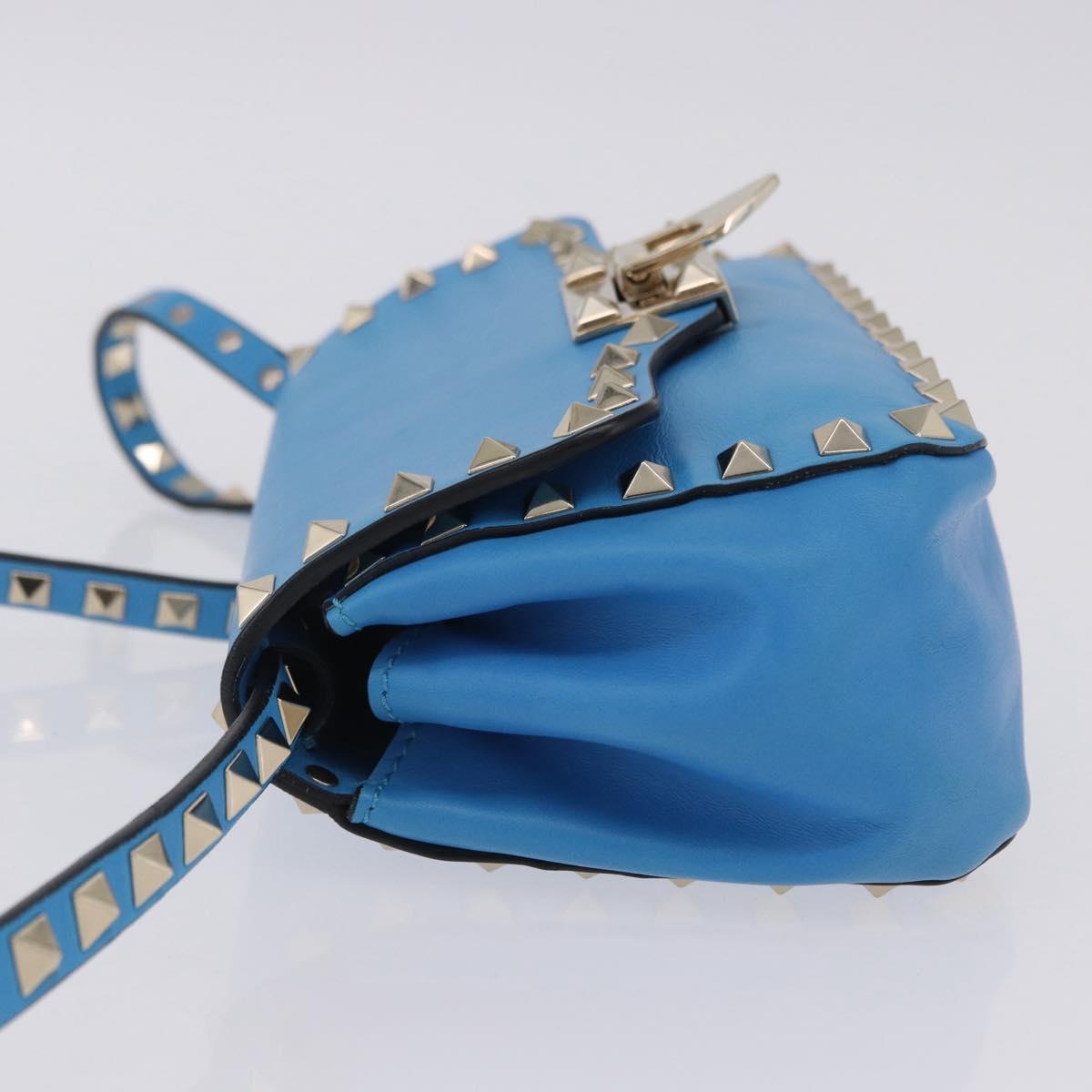 VALENTINO Studs Shoulder Bag Leather Blue Gold Auth 205104V