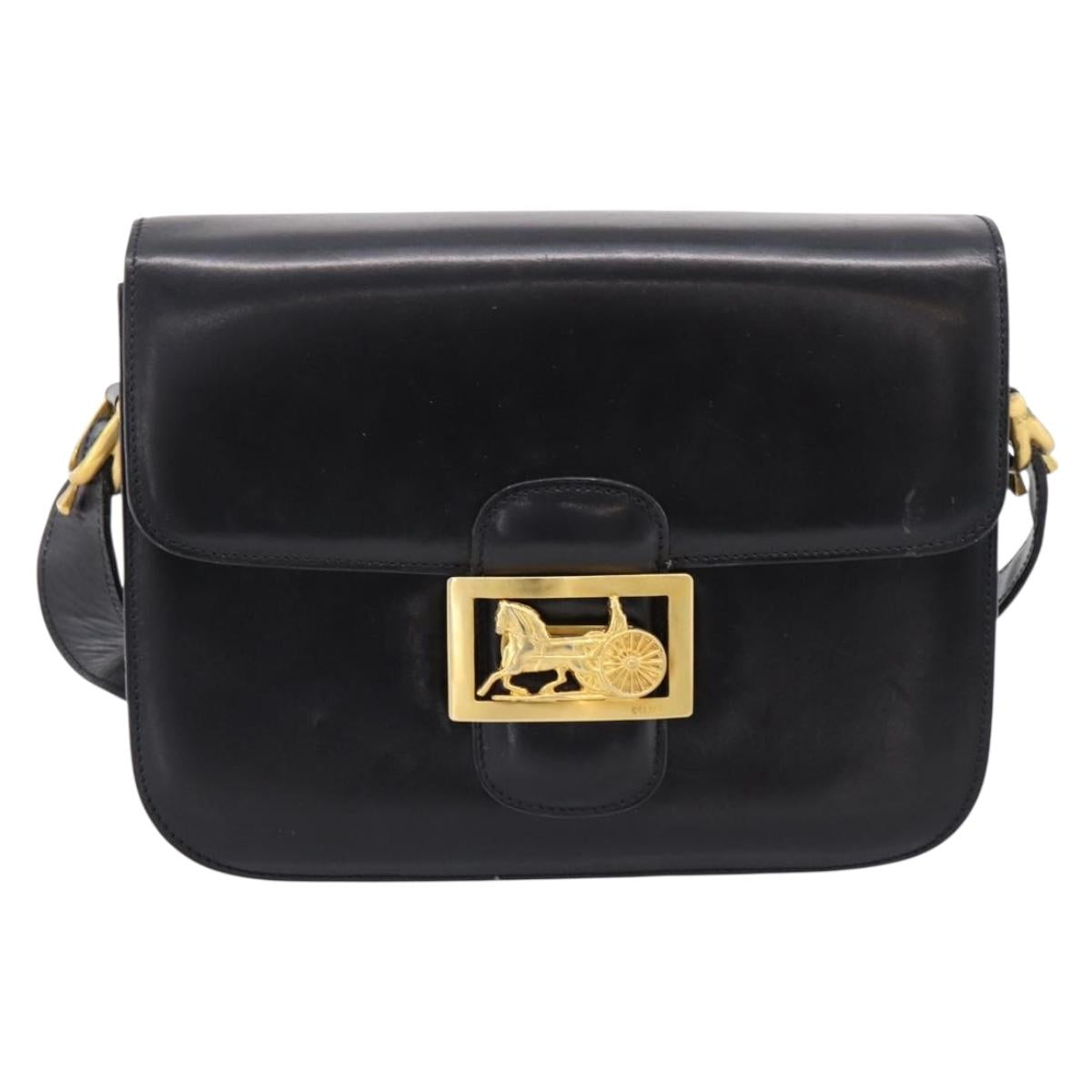 CELINE Shoulder Bag Leather Black Gold Auth 205144