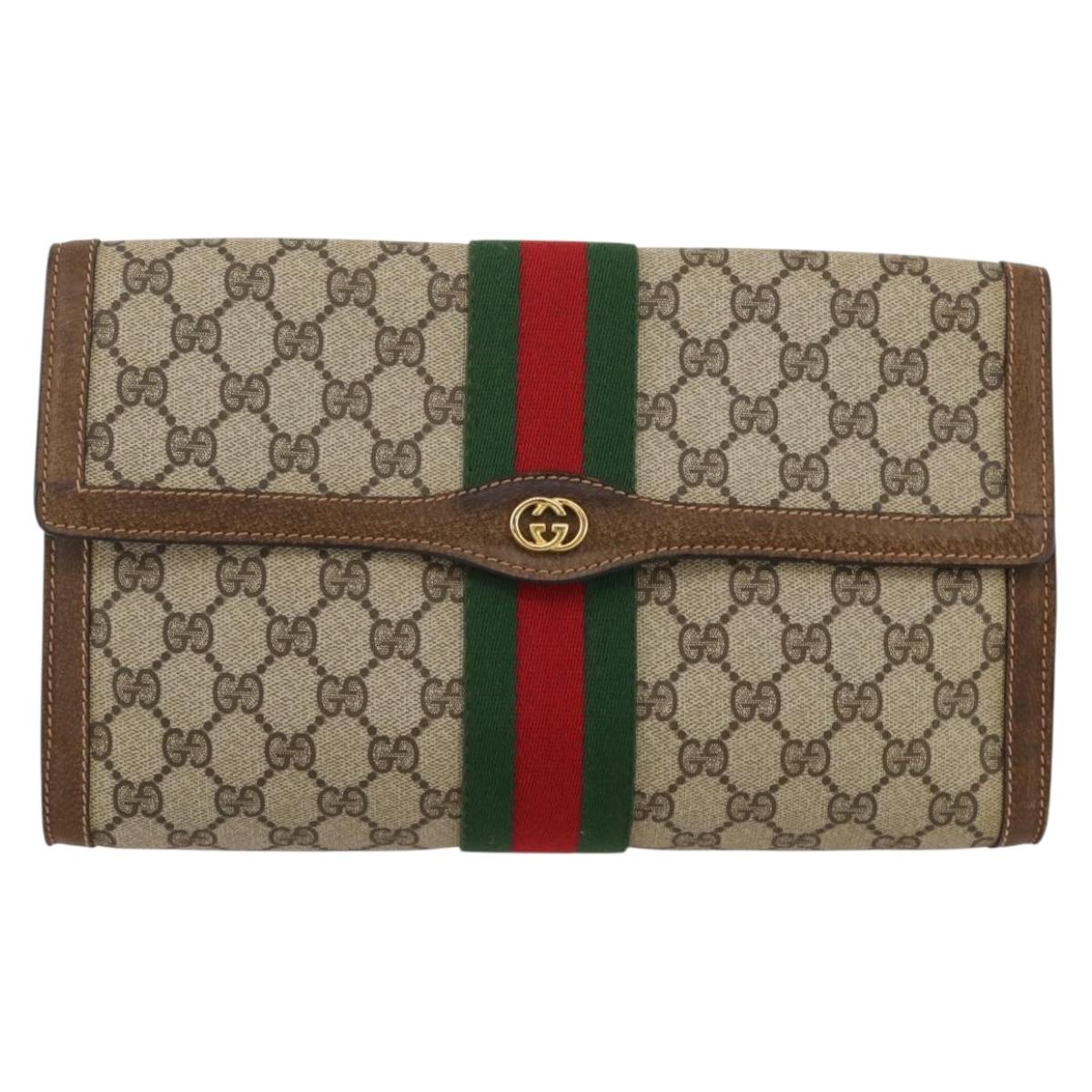 GUCCI GG Supreme Web Sherry Line Bag PVC Beige Gold 37 014 3087 Auth 205150A