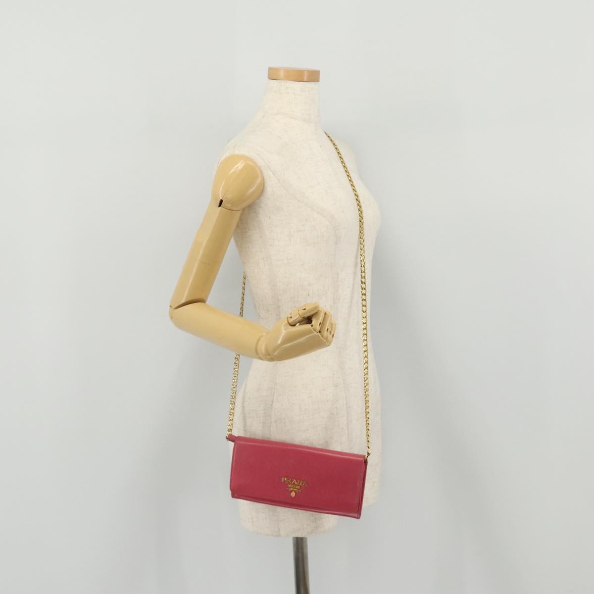 PRADA Chain Wallet Safiano Leather Pink Gold Auth 205152A