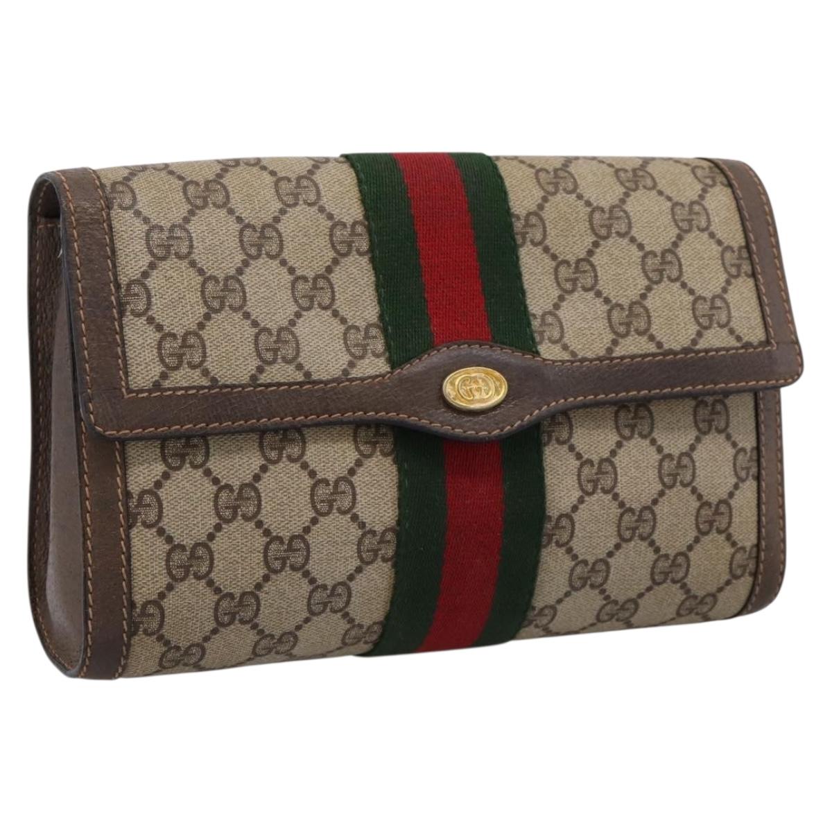 GUCCI GG Supreme Web Sherry Line Clutch Bag PVC Beige Gold 89 01 006 Auth 205159