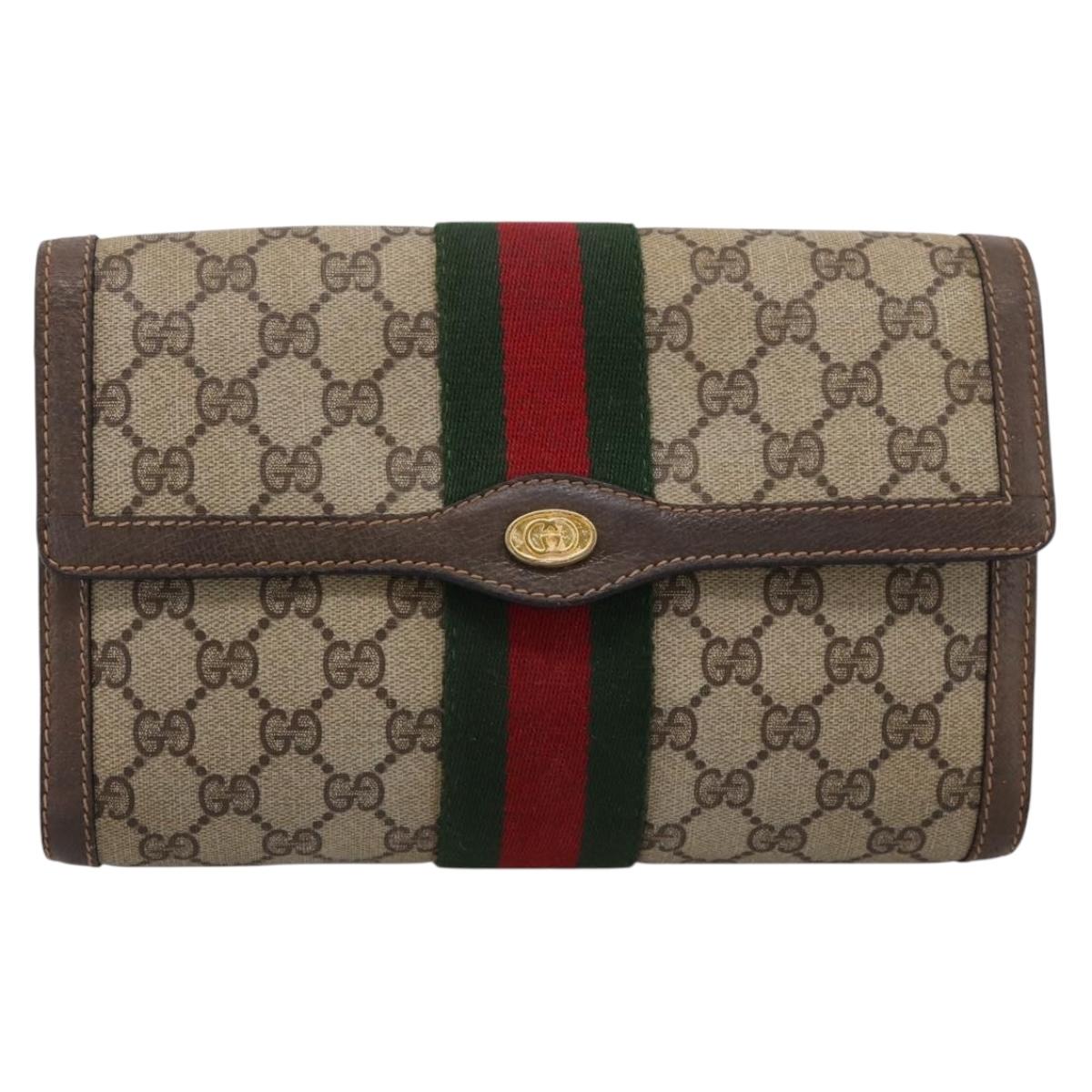 GUCCI GG Supreme Web Sherry Line Clutch Bag PVC Beige Gold 89 01 006 Auth 205159