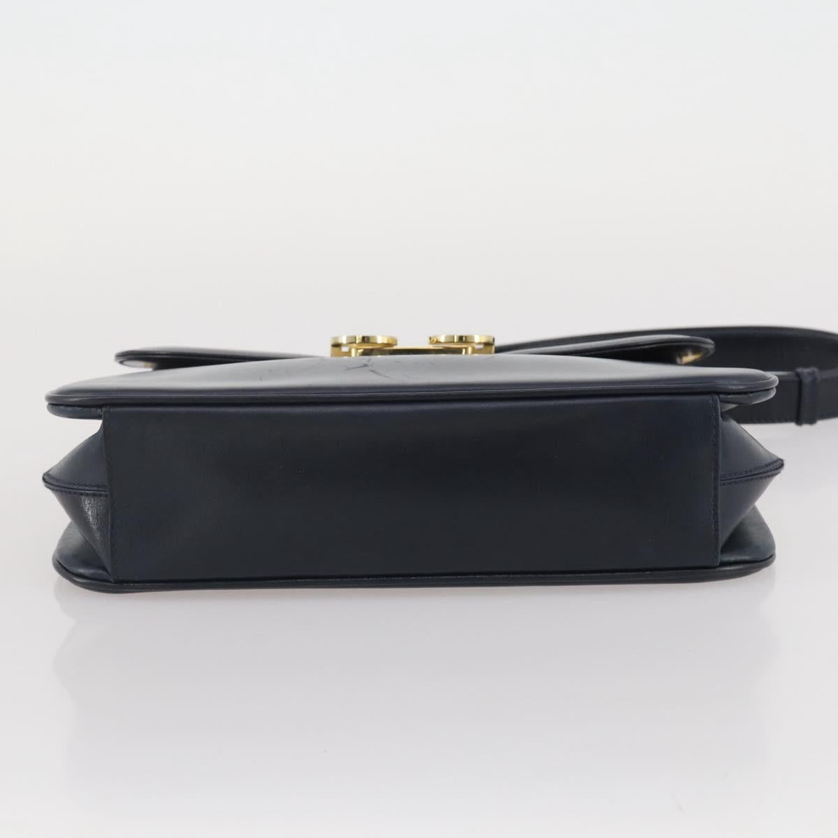 GUCCI Shoulder Bag Leather Navy Gold Auth 205163