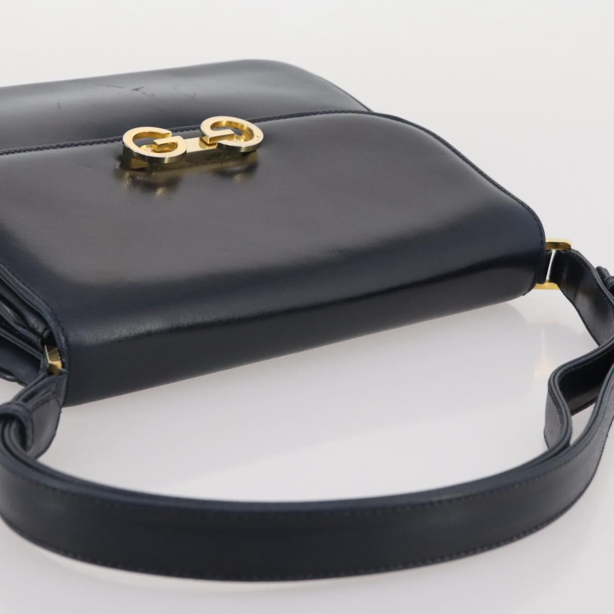 GUCCI Shoulder Bag Leather Navy Gold Auth 205163