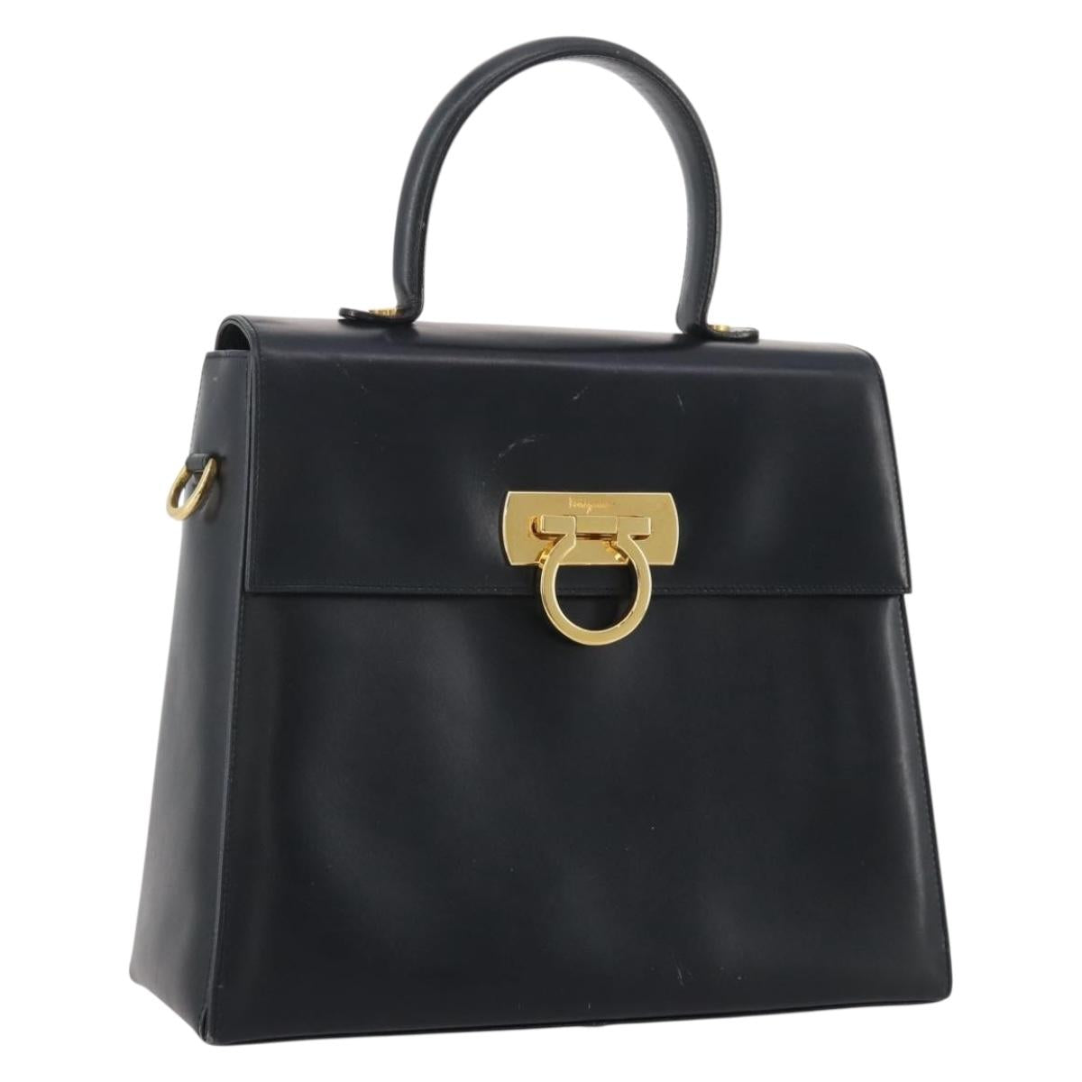 Salvatore Ferragamo Gancini Hand Bag Leather Navy Gold Auth 205167