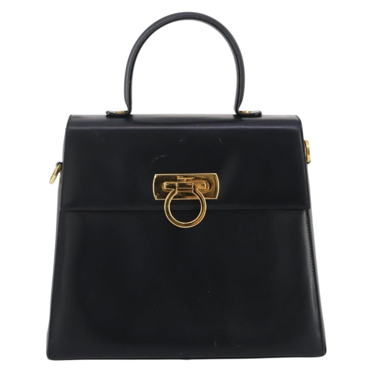 Salvatore Ferragamo Gancini Hand Bag Leather Navy Gold Auth 205167