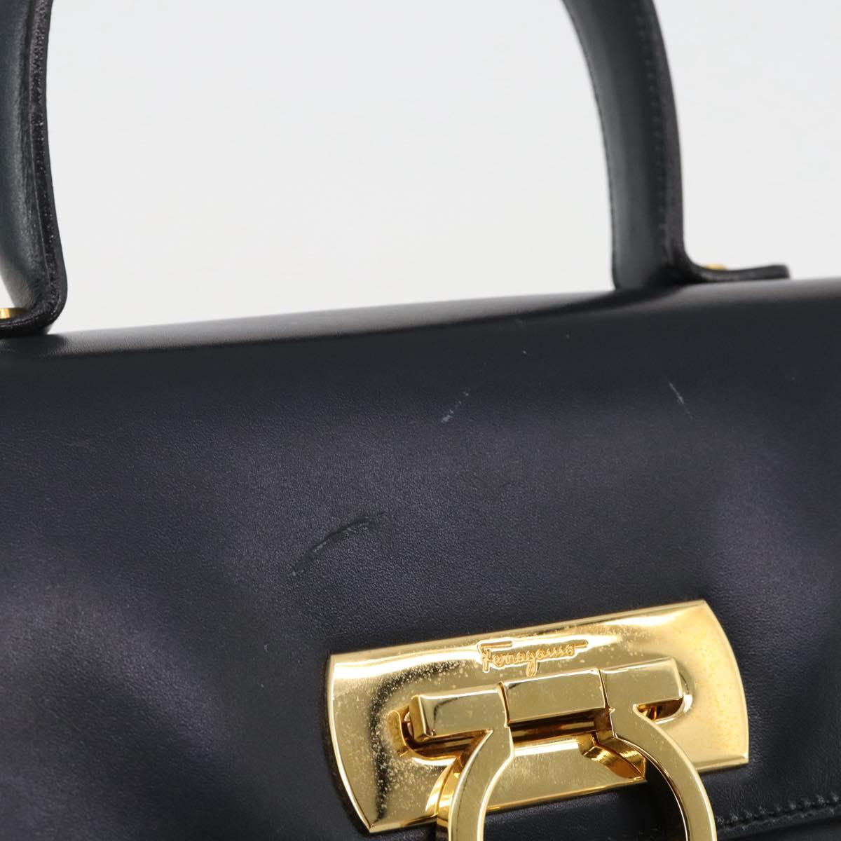 Salvatore Ferragamo Gancini Hand Bag Leather Navy Gold Auth 205167
