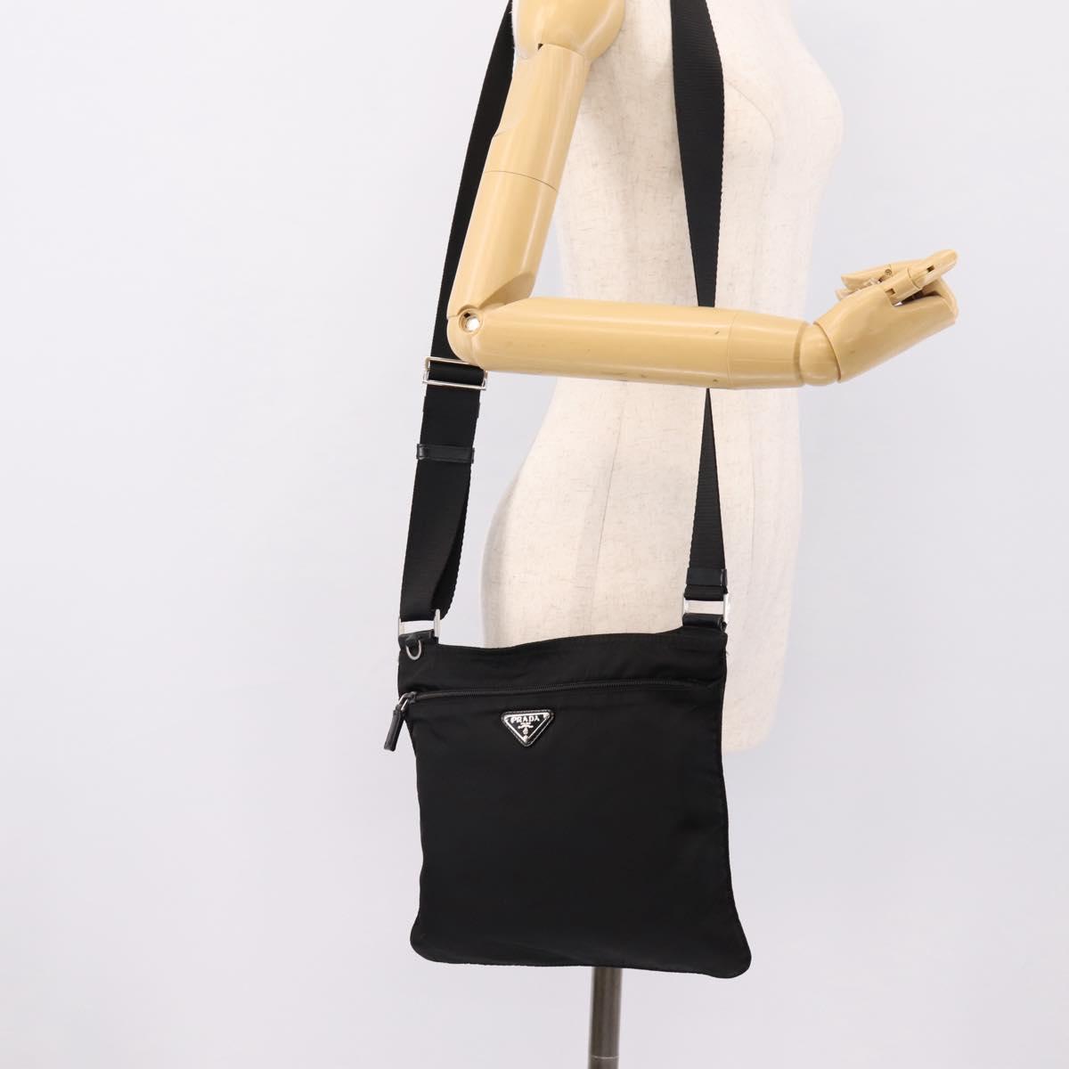 PRADA Shoulder Bag Nylon Black Silver Auth 205175A