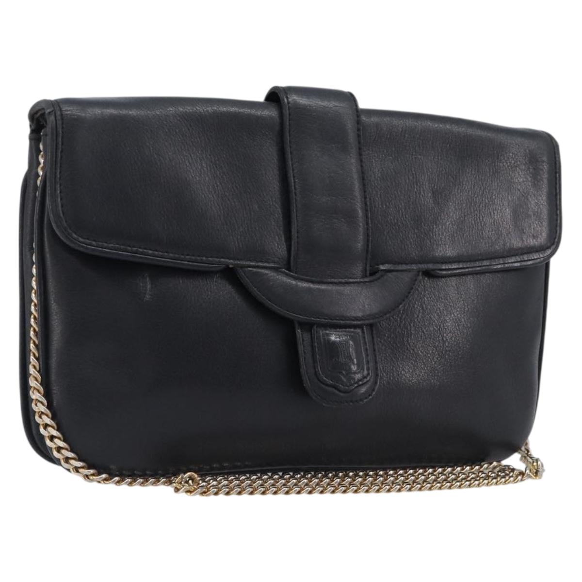 CELINE Chain Shoulder Bag Leather Black Gold Auth 205176