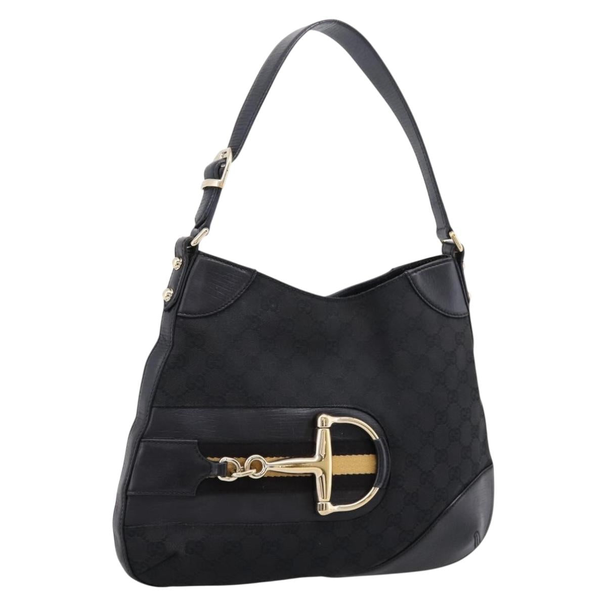 GUCCI Horsebit GG Canvas Shoulder Bag Black Gold 137388 Auth 205178V