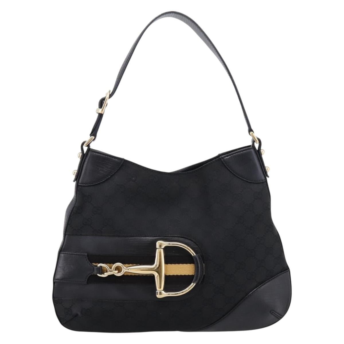 GUCCI Horsebit GG Canvas Shoulder Bag Black Gold 137388 Auth 205178V