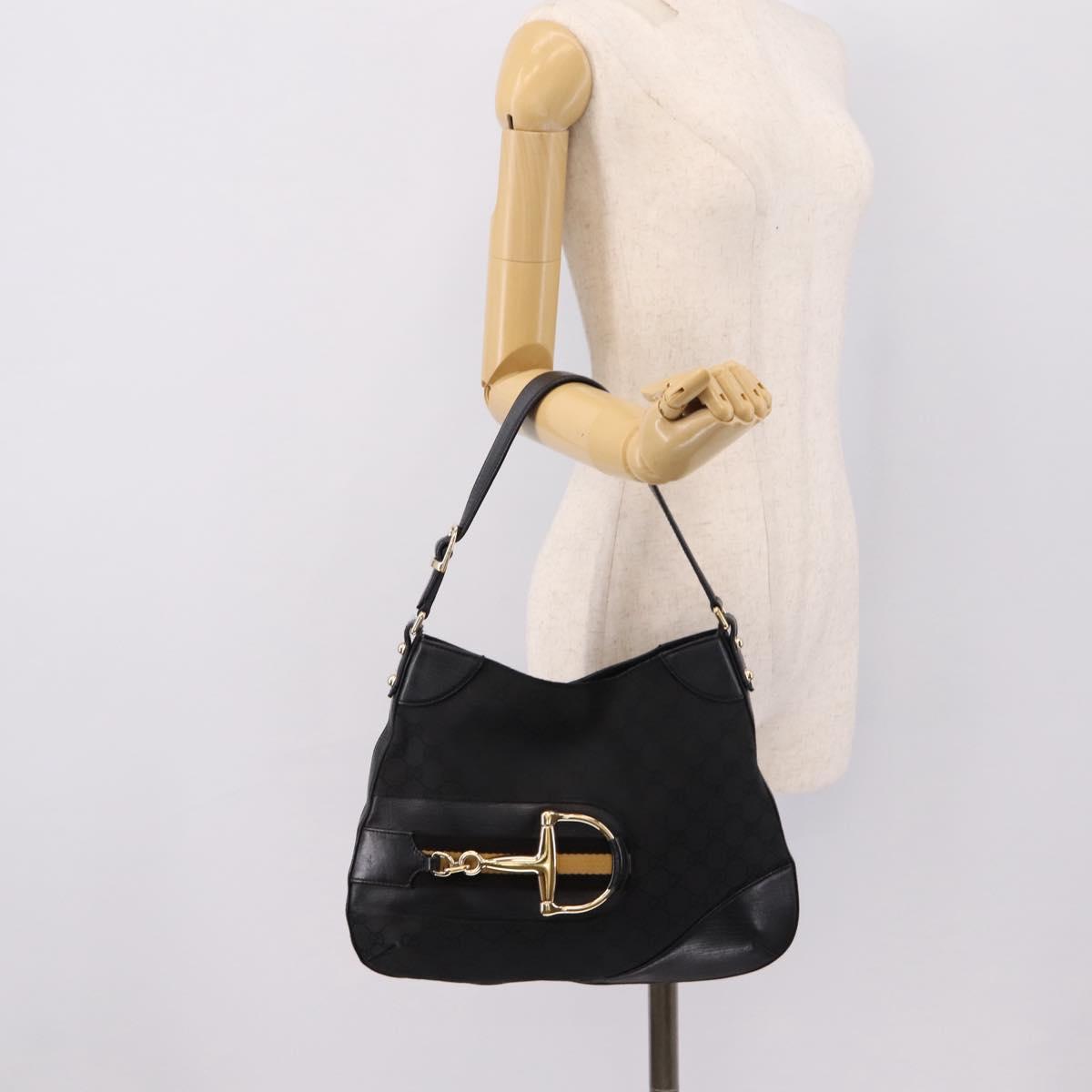 GUCCI Horsebit GG Canvas Shoulder Bag Black Gold 137388 Auth 205178V