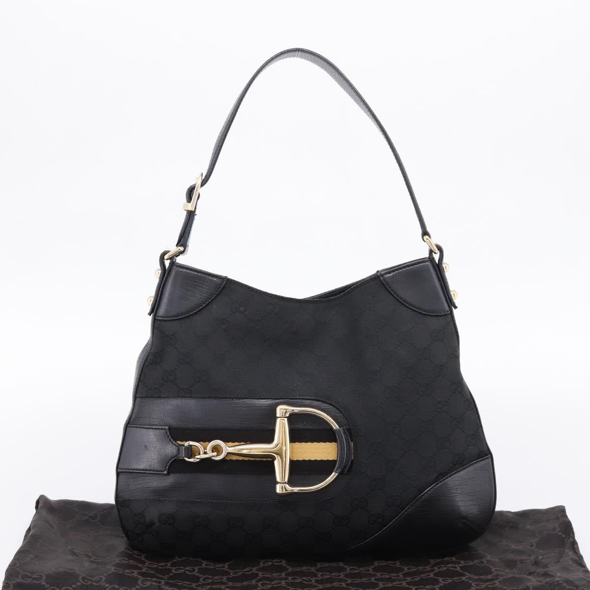 GUCCI Horsebit GG Canvas Shoulder Bag Black Gold 137388 Auth 205178V