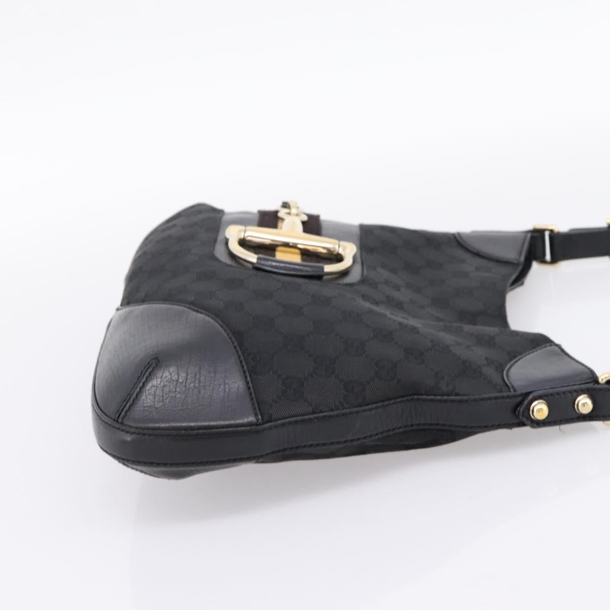 GUCCI Horsebit GG Canvas Shoulder Bag Black Gold 137388 Auth 205178V