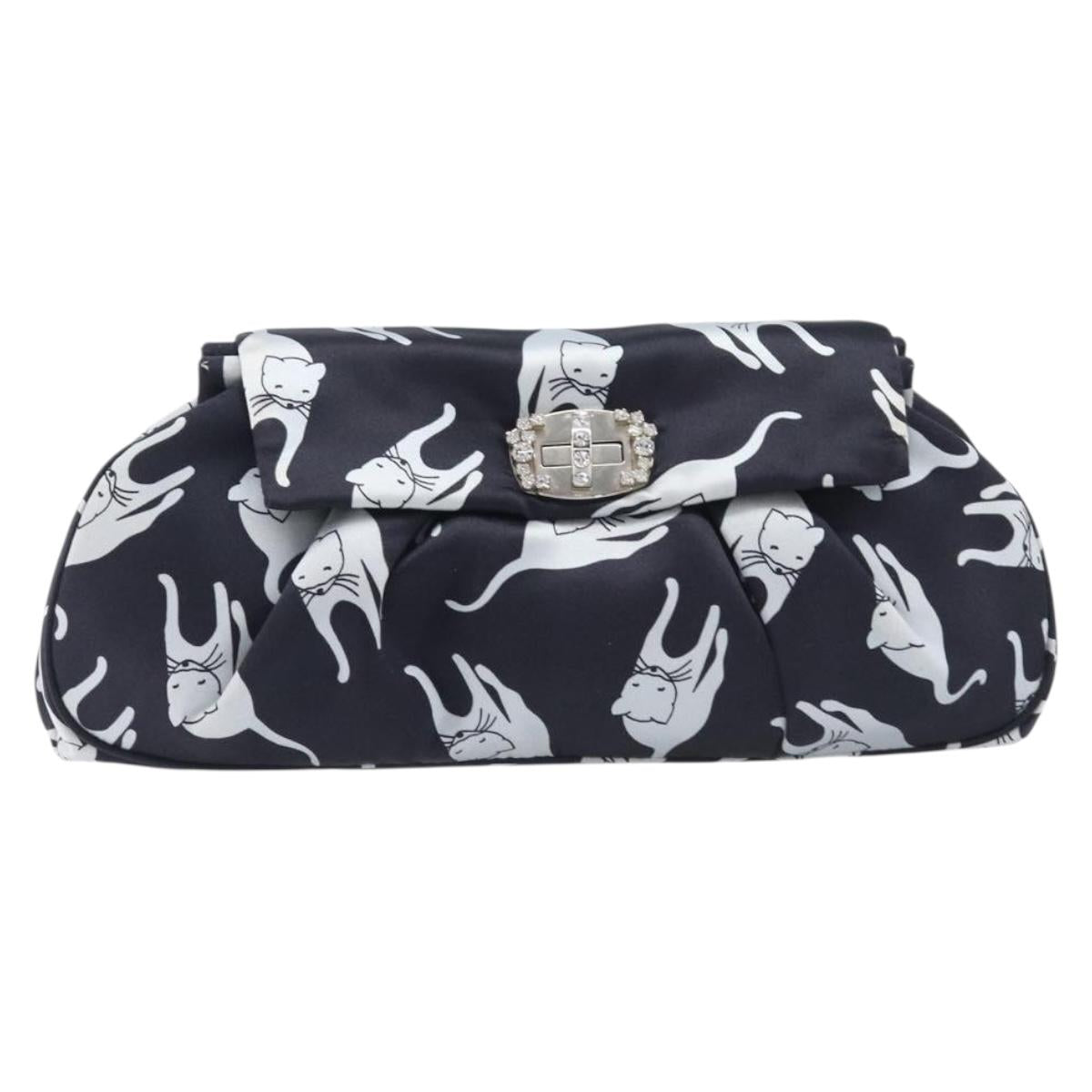 Miu Miu Cat Pattern Clutch Bag Satin Black Silver Auth 205189V