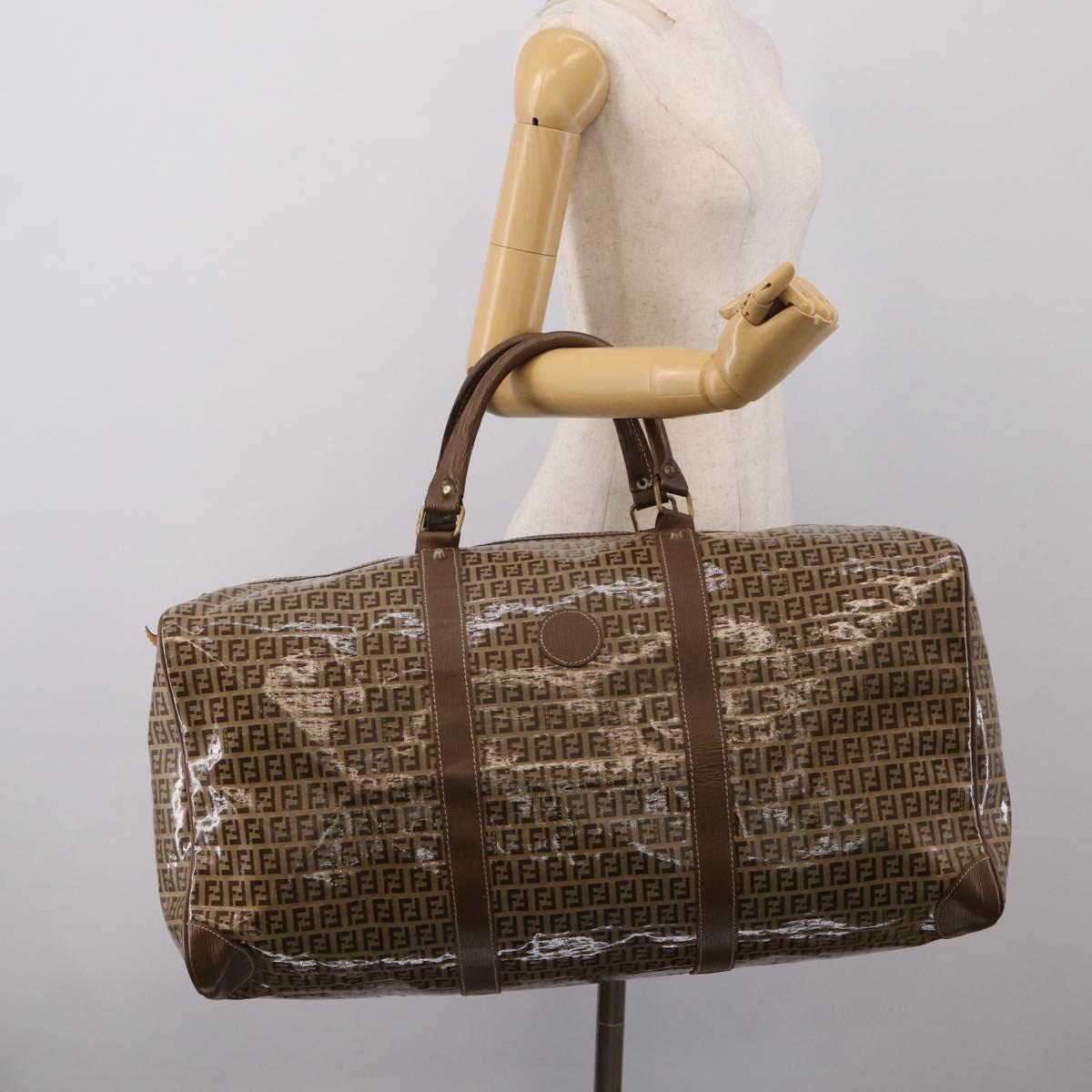 FENDI Zucchino Canvas Boston Bag Coated Canvas Beige Gold Auth 205191