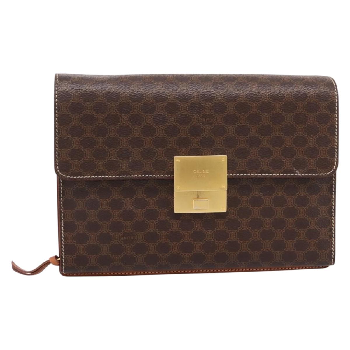 CELINE Macadam Canvas Clutch Bag PVC Leather Brown Gold Auth 205199