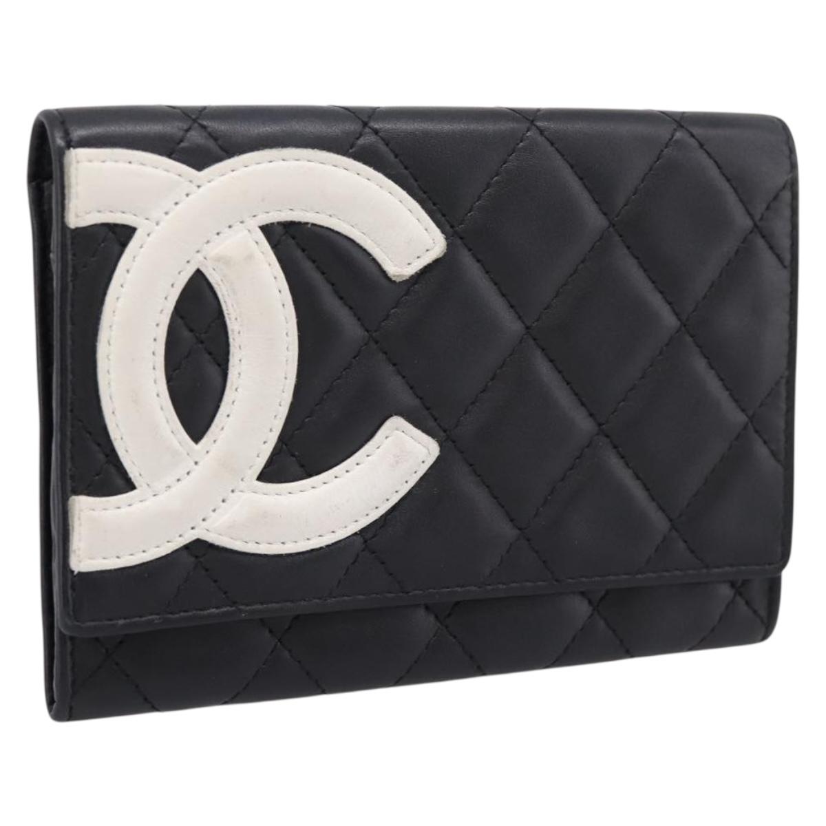 CHANEL Cambon Line Matelasse Wallet Leather Black Silver CC Auth 205206A