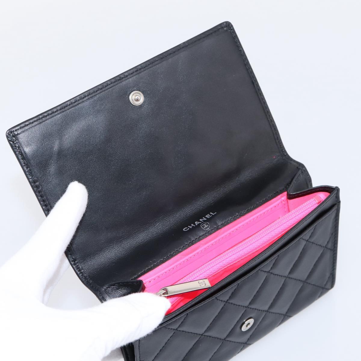 CHANEL Cambon Line Matelasse Wallet Leather Black Silver CC Auth 205206A