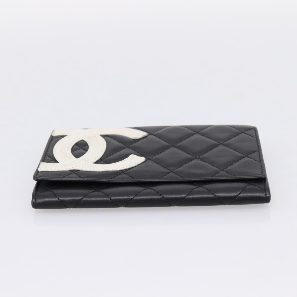 CHANEL Cambon Line Matelasse Wallet Leather Black Silver CC Auth 205206A