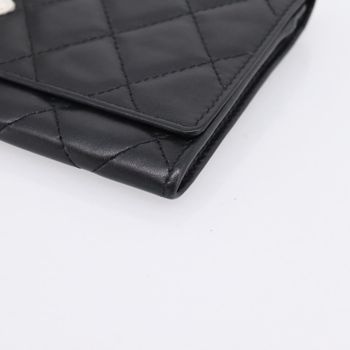 CHANEL Cambon Line Matelasse Wallet Leather Black Silver CC Auth 205206A