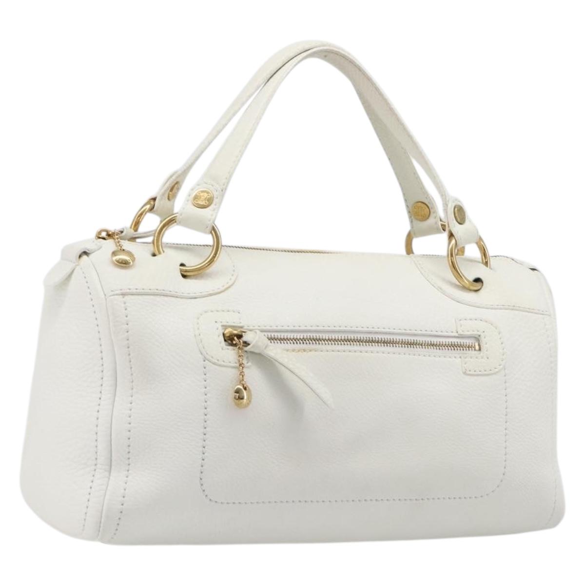 CELINE Hand Bag Leather White Gold Auth 205212A