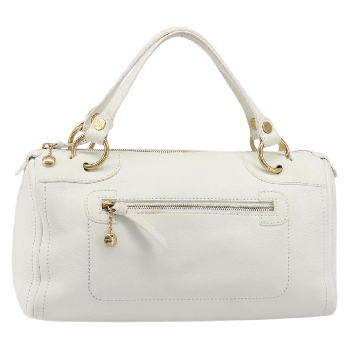 CELINE Hand Bag Leather White Gold Auth 205212A