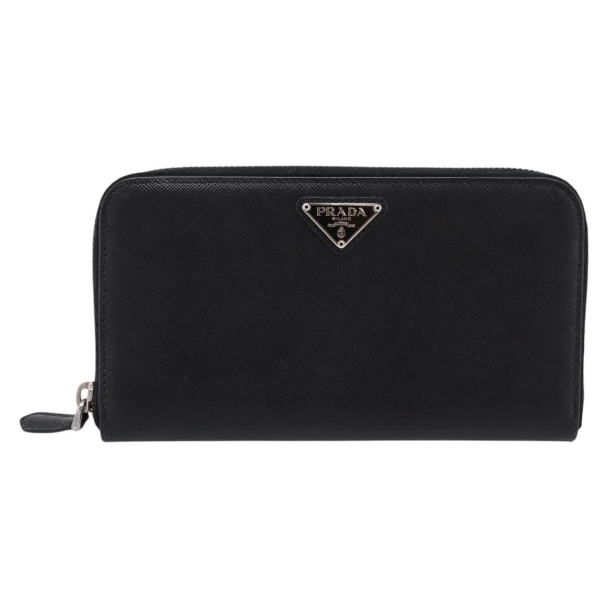 PRADA Long Wallet Saffiano leather Black Silver Auth 205215V