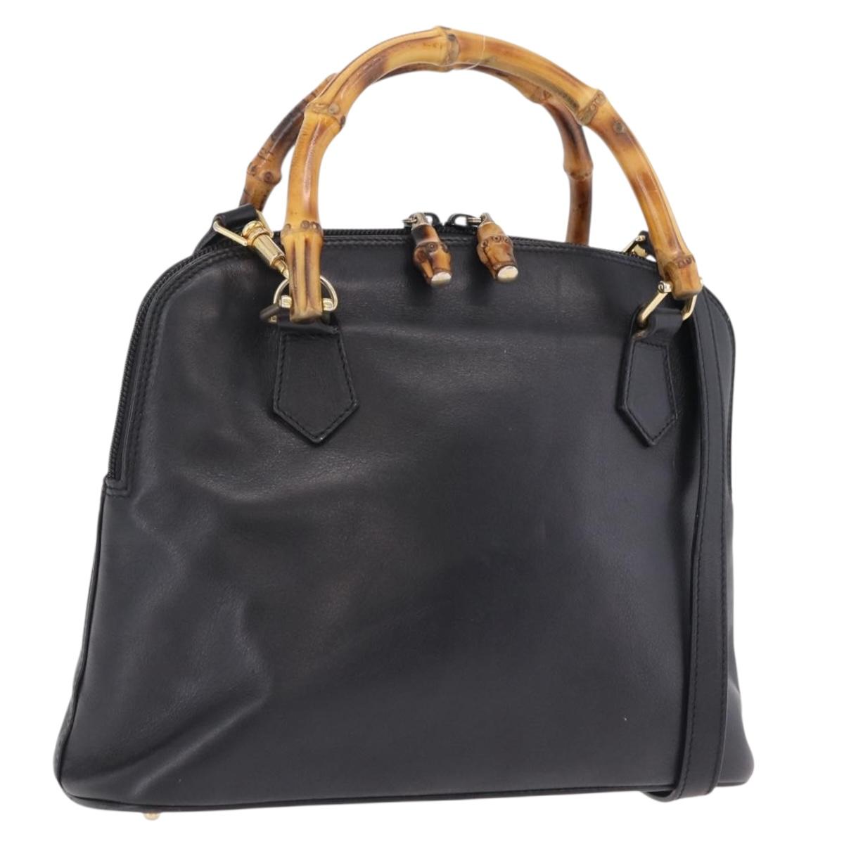 GUCCI Bamboo Hand Bag Leather 2way Black Gold 000 904 0290 Auth 205223