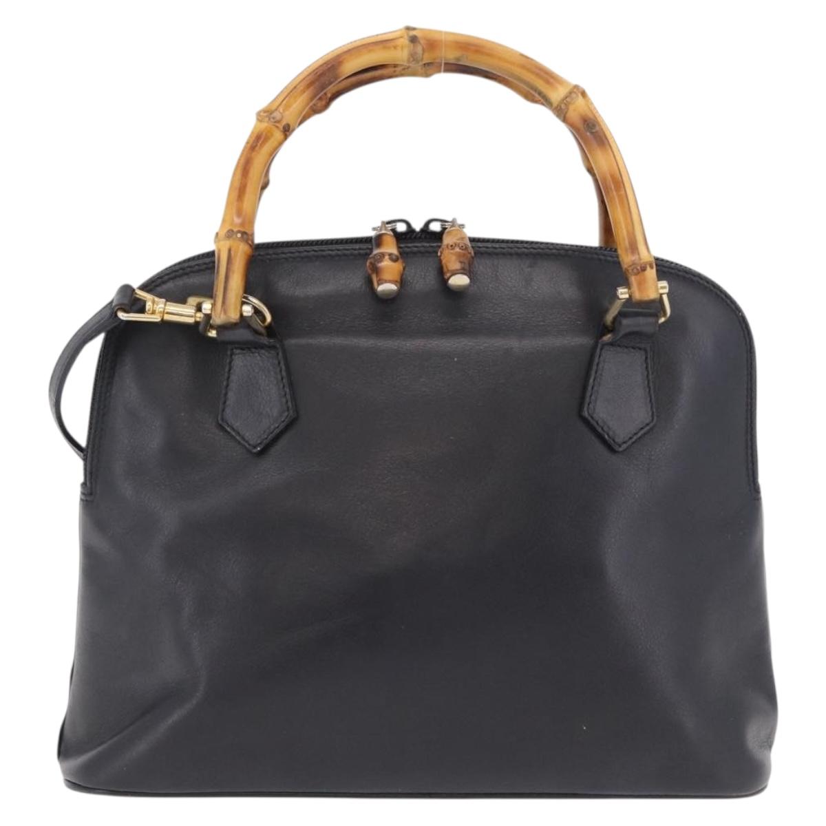 GUCCI Bamboo Hand Bag Leather 2way Black Gold 000 904 0290 Auth 205223