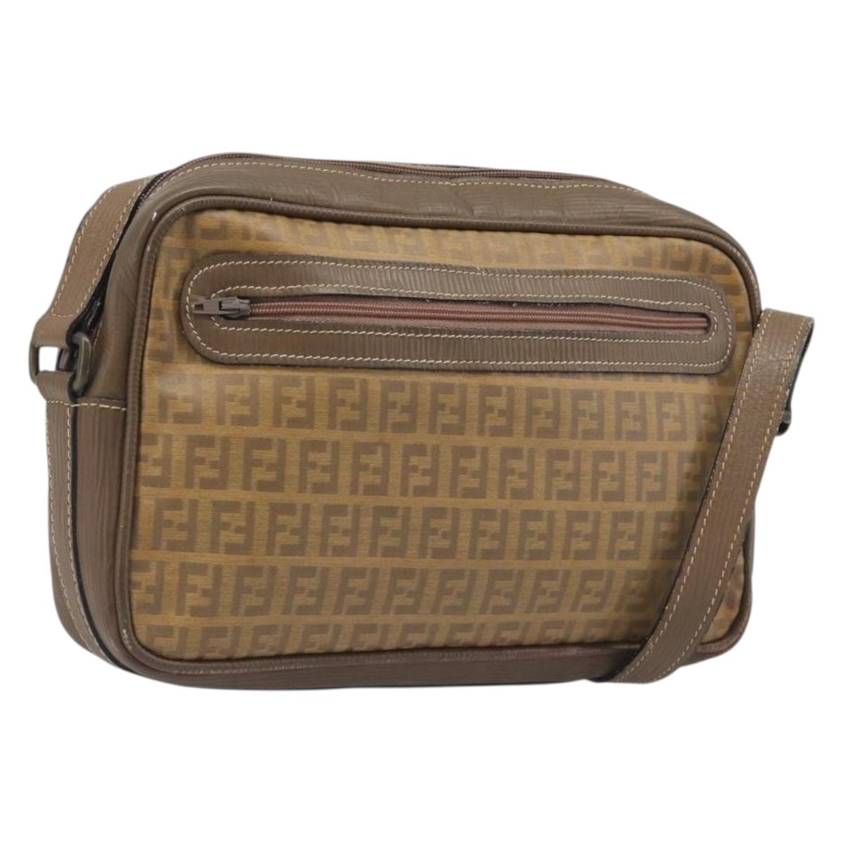 FENDI Zucchino Canvas Shoulder Bag PVC Beige Auth 205232
