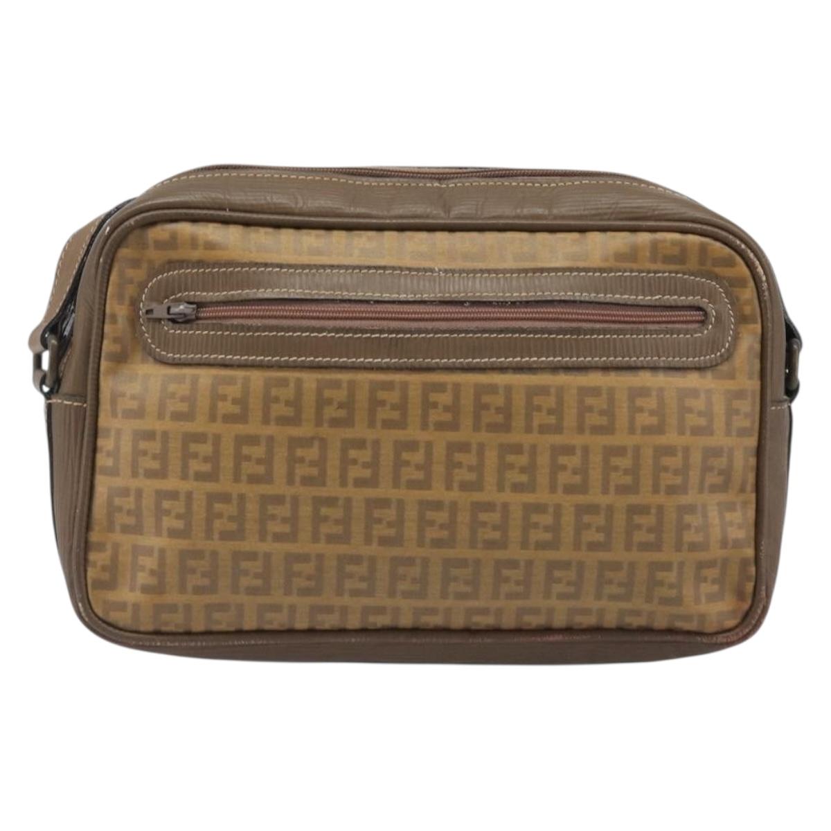 FENDI Zucchino Canvas Shoulder Bag PVC Beige Auth 205232