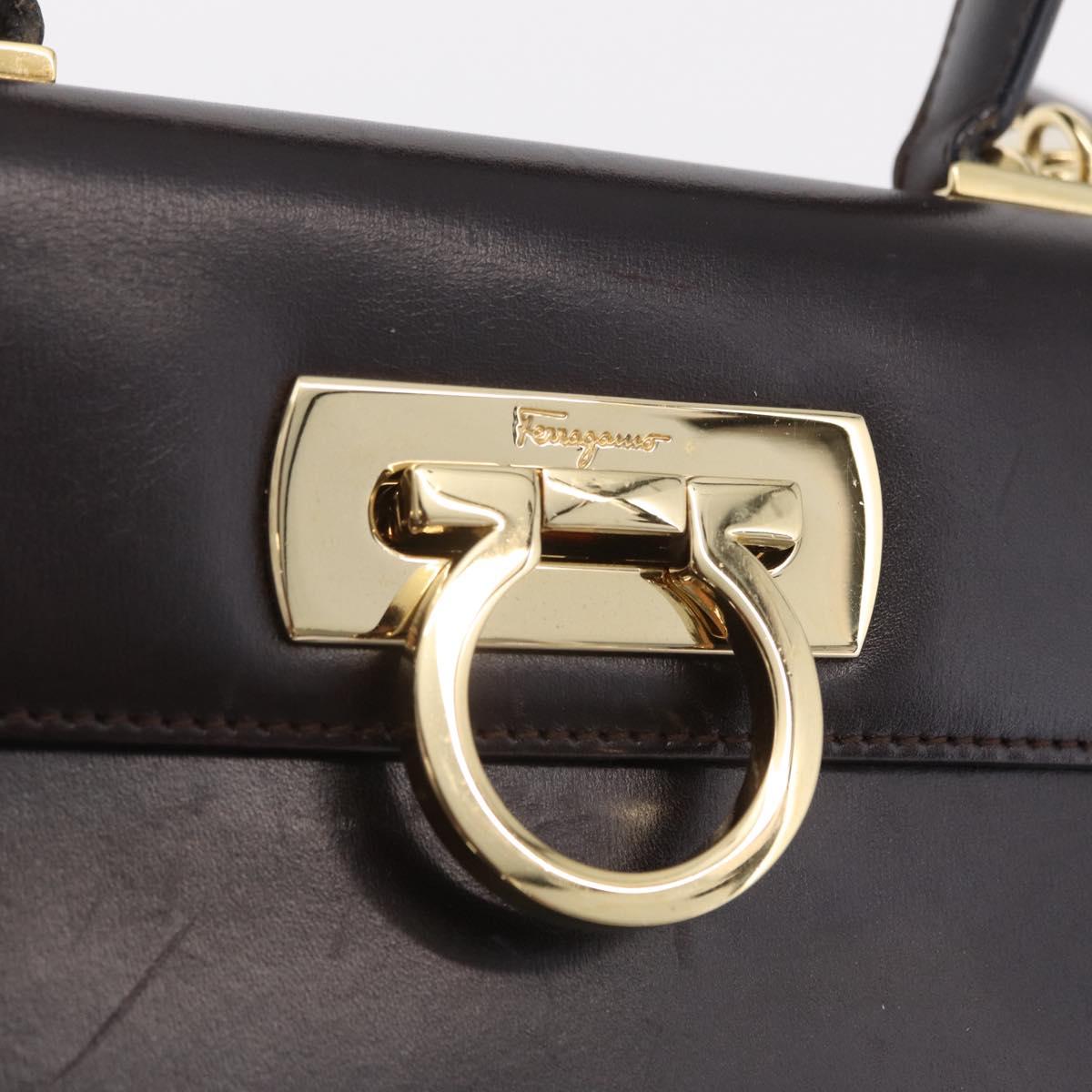 Salvatore Ferragamo Gancini Hand Bag Leather 2way Dark Brown Gold Auth 205246A
