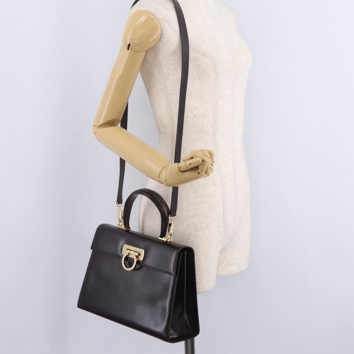 Salvatore Ferragamo Gancini Hand Bag Leather 2way Dark Brown Gold Auth 205246A