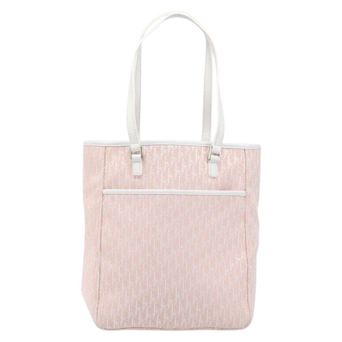 Christian Dior Trotter Canvas Tote Bag Pink Silver Auth 205251V