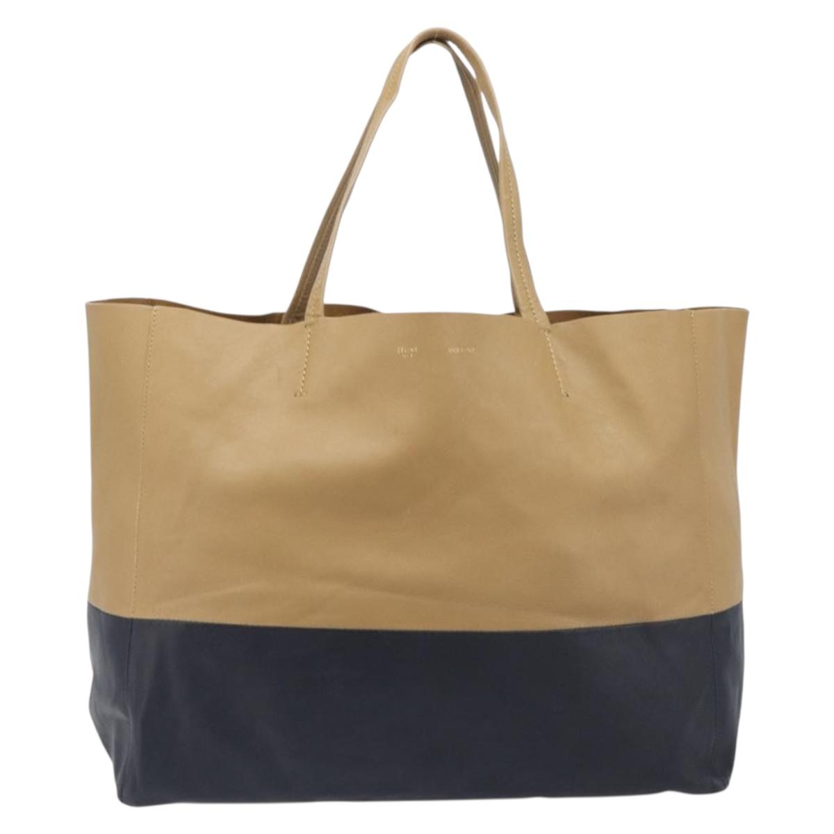 CELINE Horizontal Cabas Tote Bag Leather Beige Gold Auth 205254