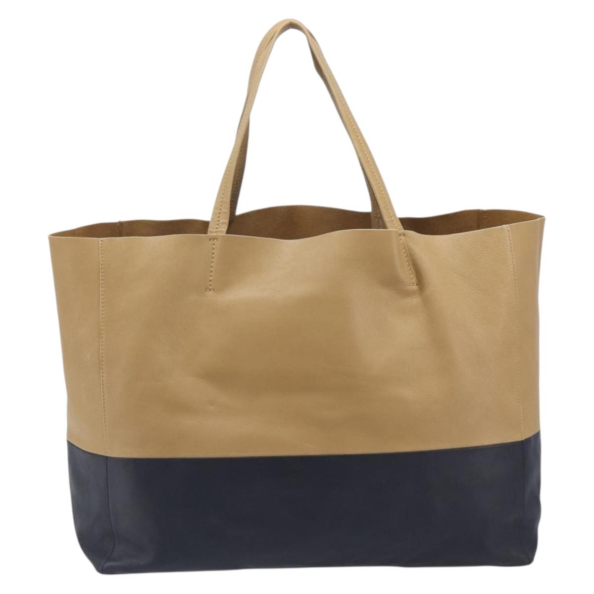 CELINE Horizontal Cabas Tote Bag Leather Beige Gold Auth 205254