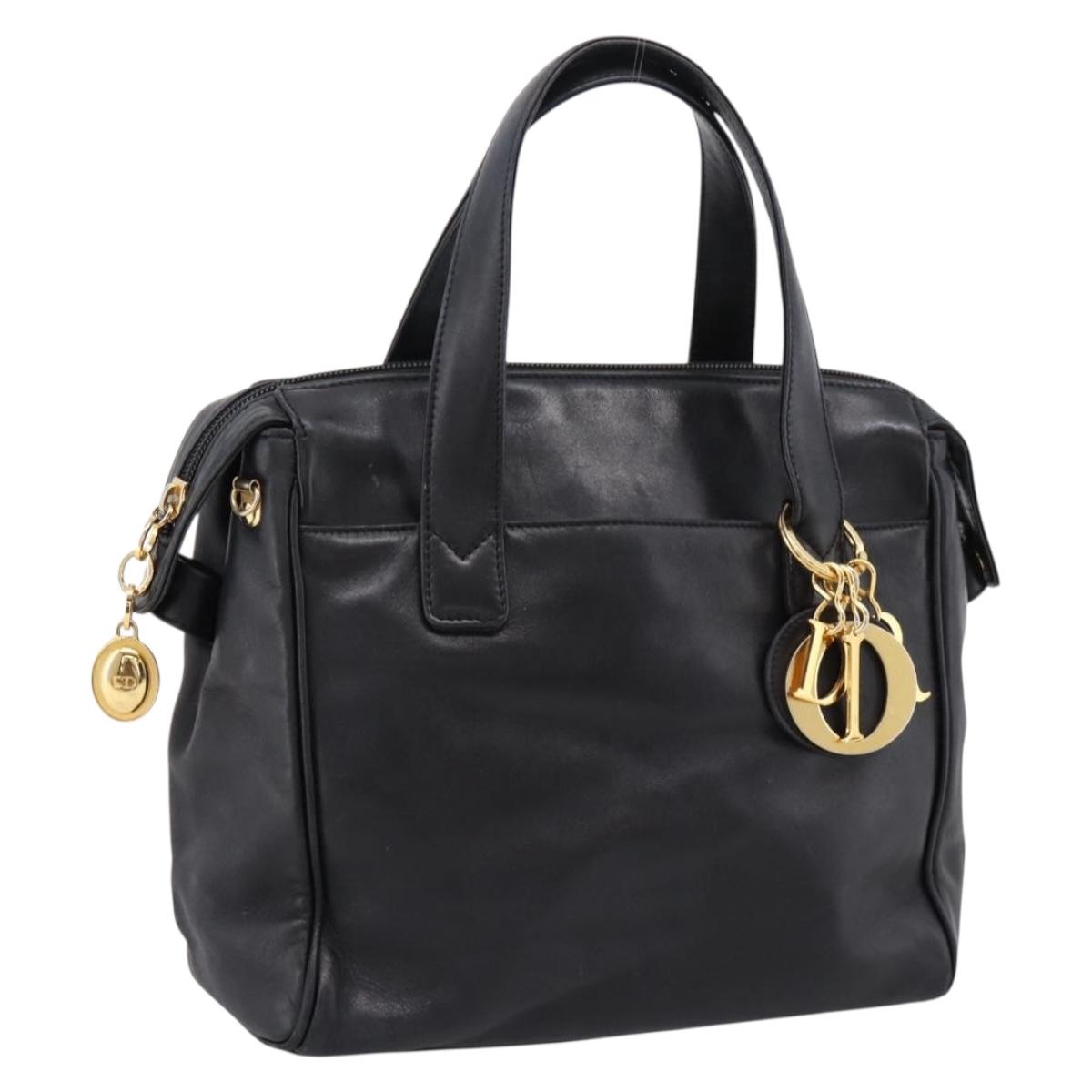 Christian Dior Hand Bag Leather Black Gold Auth 205255A