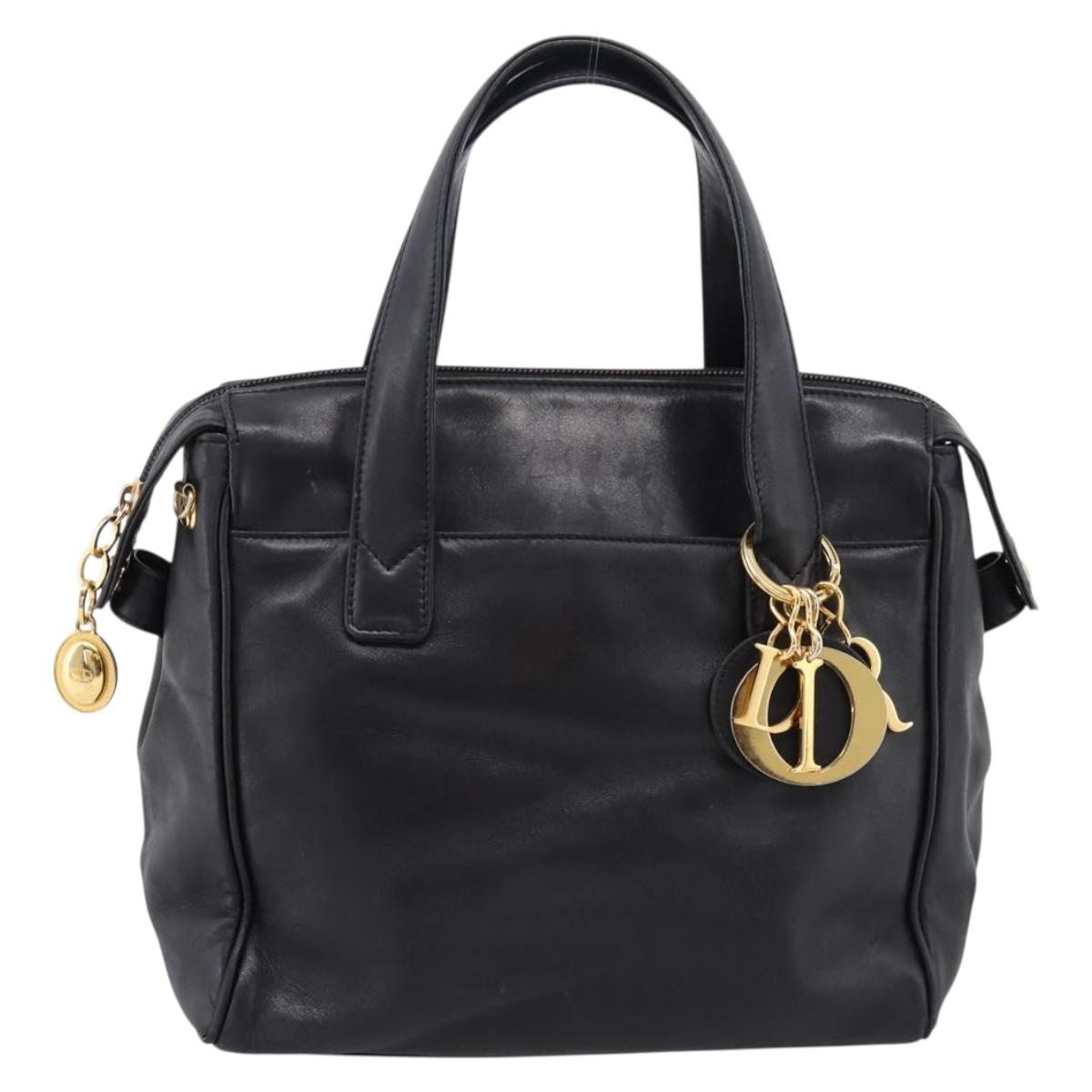 Christian Dior Hand Bag Leather Black Gold Auth 205255A